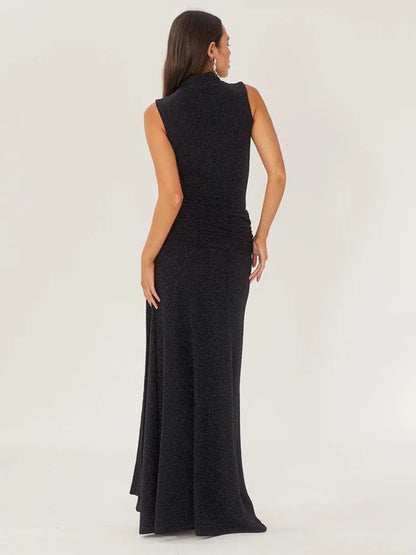 Shiny ’s Long Dress Slim Fit Party Evening Woman Dress Female Pleated Ribbon Sleeveless Vesidos Autumn