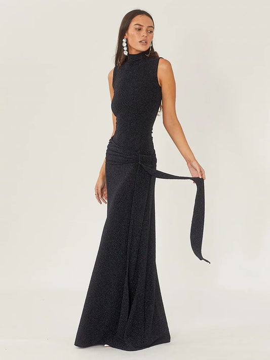 Shiny ’s Long Dress Slim Fit Party Evening Woman Dress Female Pleated Ribbon Sleeveless Vesidos Autumn