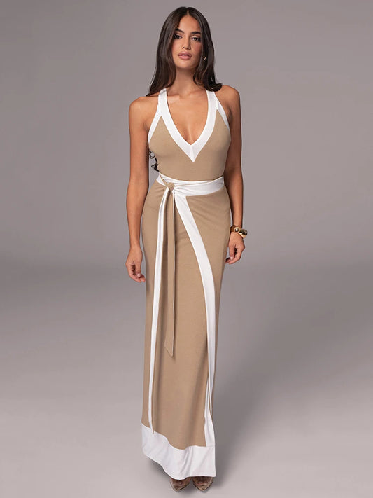 Sleeveless Deep V Tight Bobysuit Top Skirt Two-piece Set Patchwork Party Autumn Winter New Set