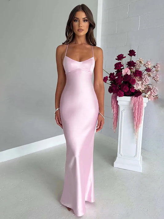 Spaghetti Strap Bodycon Satin Dress With Open Back Lace Up Female Long Dress Party Club Evening Dress