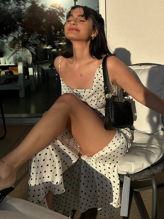 Spaghetti Straps Slim High Slit Dress Polka Dot Maxi Dress V-neck Temperament Slim Fit Party Evening Vestidos