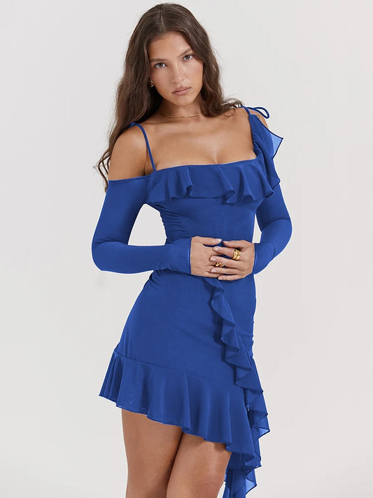 Strap One Line Neck Double Layer Long Sleeve Dress ’s Slim Fit Ruffles Irregular Mini Dress Sweet Party Club
