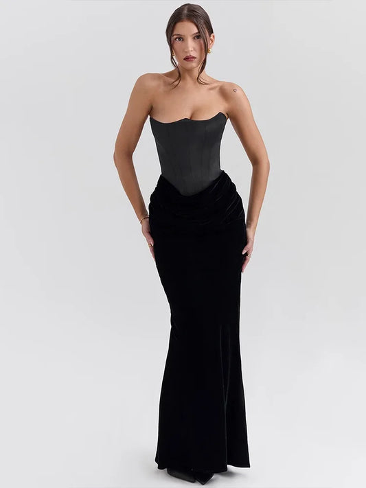 Strapless Bodycon Patchwork Backless Party Club Evening Dress Tight Long Dress Slim Fishbone Vestido
