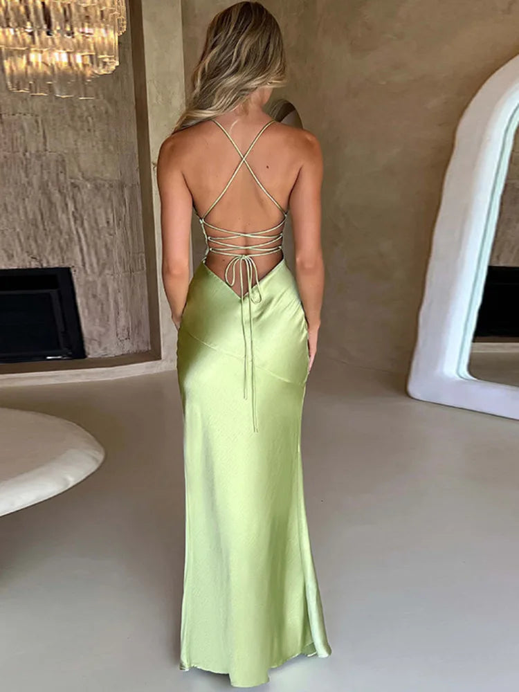Strapless Satin Maxi Dress Open Back High Slit Slim Dress Spring Summer Party Club Vestidos