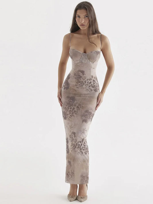 ’s Flower Print Sleeveless Long Dress Female Slim Fit High Waist Bodycon Dress Party Club Evening Dress