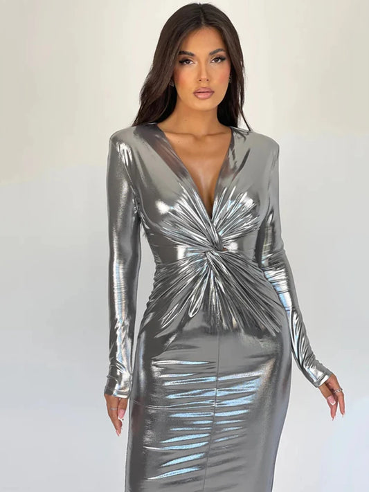 Winter Deep V Long Sleeve Dress for Bodycon Pleated Metal Maxi Dress Party Club Evening Vestidos