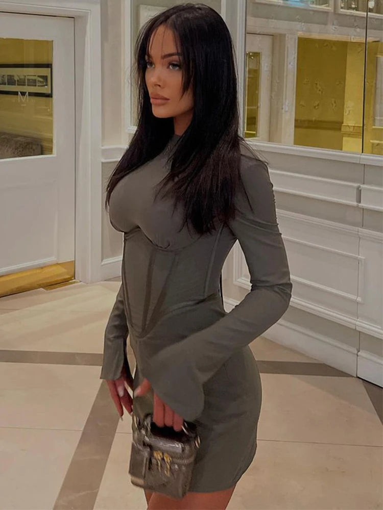Illusion Bodycone Mini Dress O-neck Split Flare Sleeve Wrap Skirt Slim Bodycon Spring Summer New Partywear