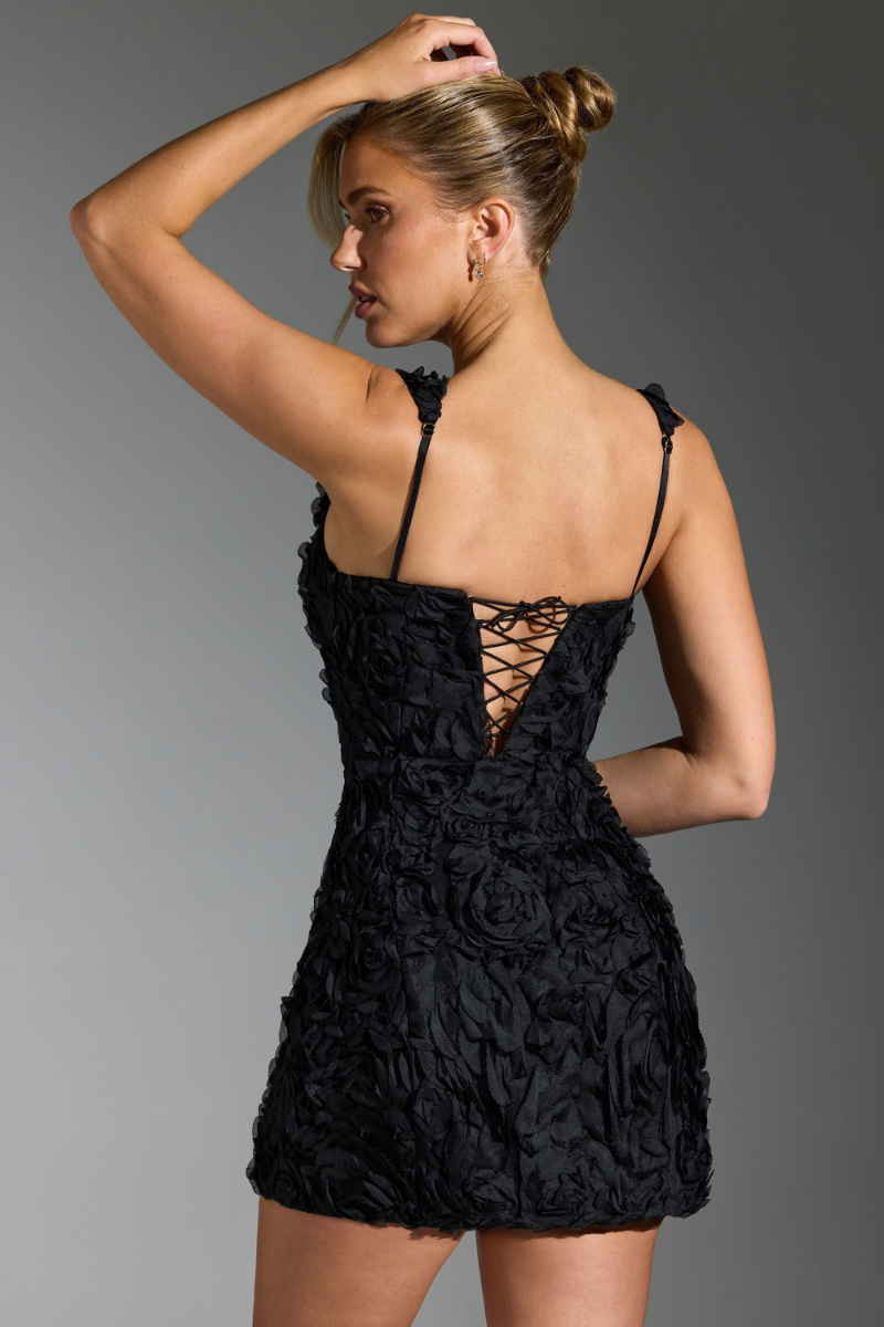 Astérie Lace Up Square Neck Mini Dress in Black