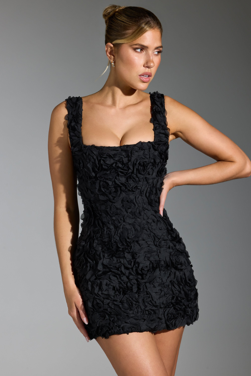 Astérie Lace Up Square Neck Mini Dress in Black