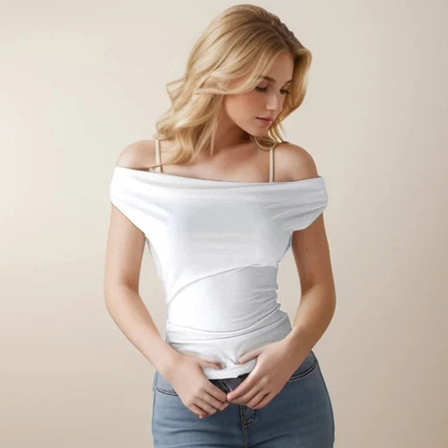 Asymmetric Crop Top T-shirt White Off Shoulder Female Sleeveless Tops Summer Tee Shirt