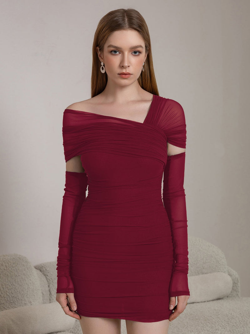 Asymmetrical Shoulder Ruched Mesh Bodycon Dress