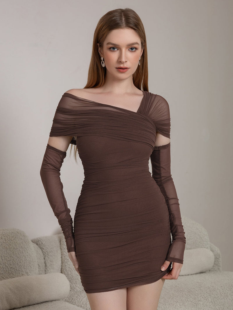 Asymmetrical Shoulder Ruched Mesh Bodycon Dress