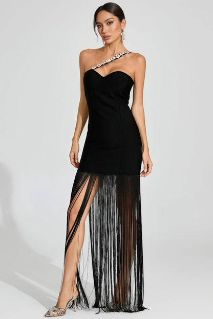 Astradt Black One Shoulder Fringe Maxi Dress