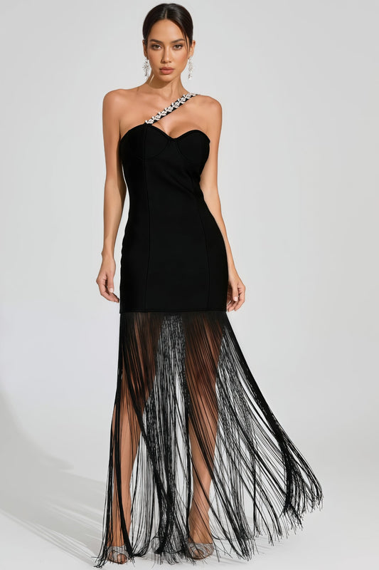 Astradt Black One Shoulder Fringe Maxi Dress