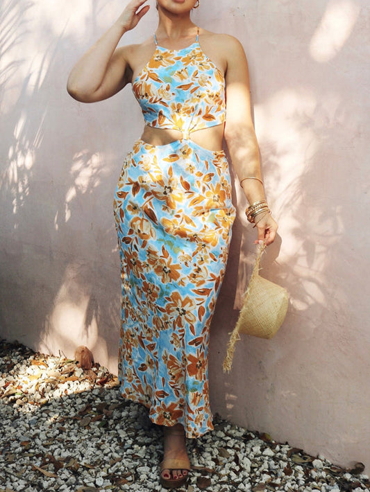 Knotted Cut Out Midi Dress in Baby Blue and Orange