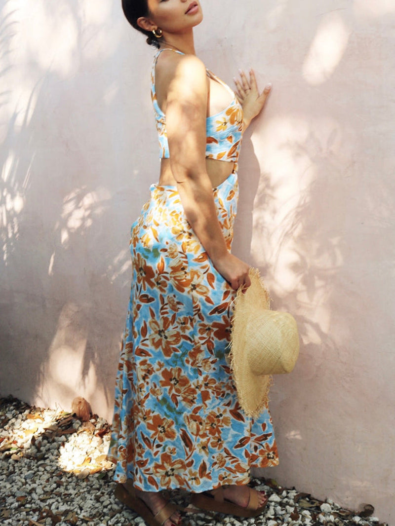 Knotted Cut Out Midi Dress in Baby Blue and Orange