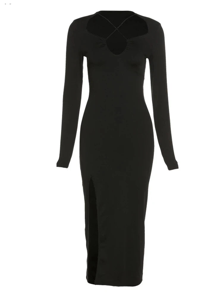 Autumn Crossed Cleavage Concise Side Spilt Vestido Lady Slim Robe Midi Dresses