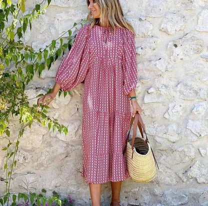 Autumn Dresses for Print Ruffles Loose Long Dress Office Beach Style V Neck Vestidos