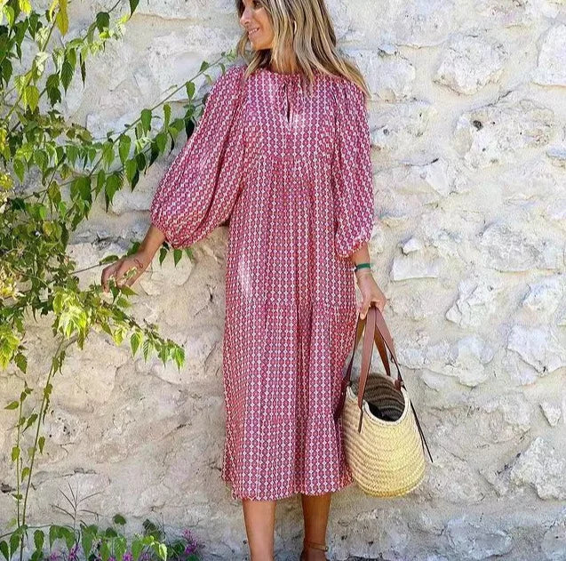 Autumn Dresses for Print Ruffles Loose Long Dress Office Beach Style V Neck Vestidos