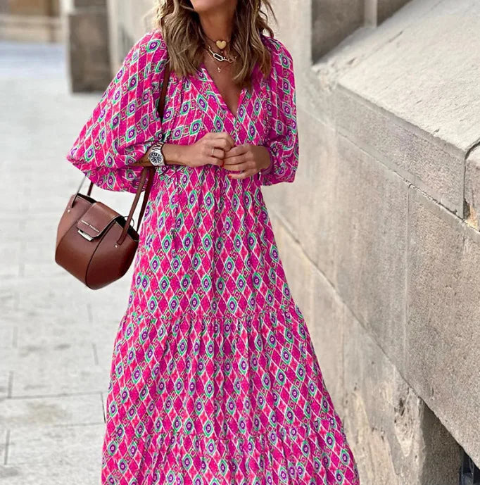 Autumn Dresses for Print Ruffles Loose Long Dress Office Beach Style V Neck Vestidos