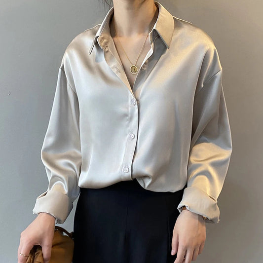 Autumn Button Up Satin White Blouse