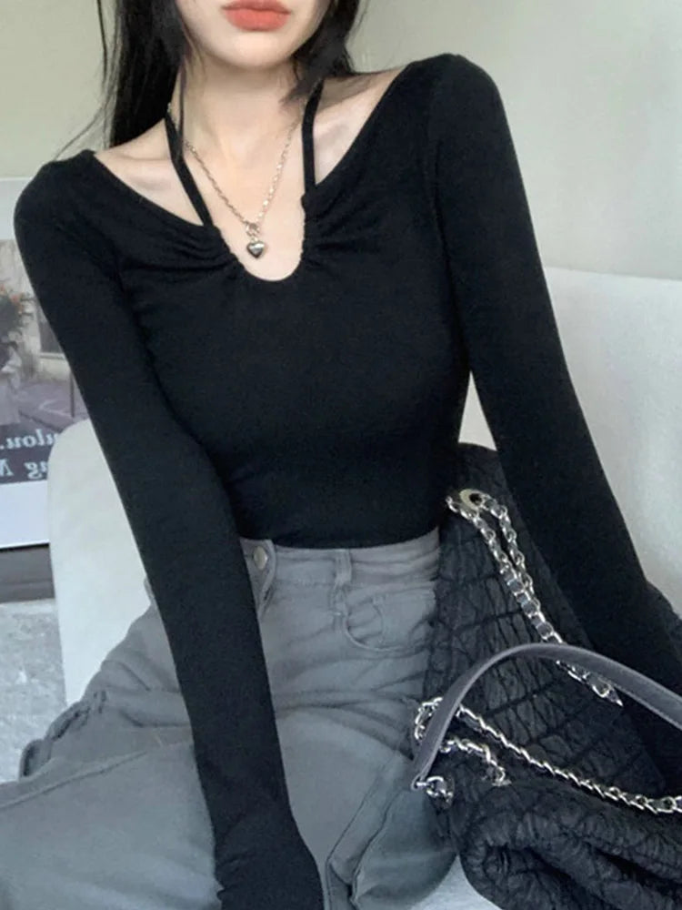 Autumn Korean Y2k T-shirt Woman Japanese Halter Bandage V-neck Skinny Long Sleeve Autum Tee Shirt Tshirt Tops