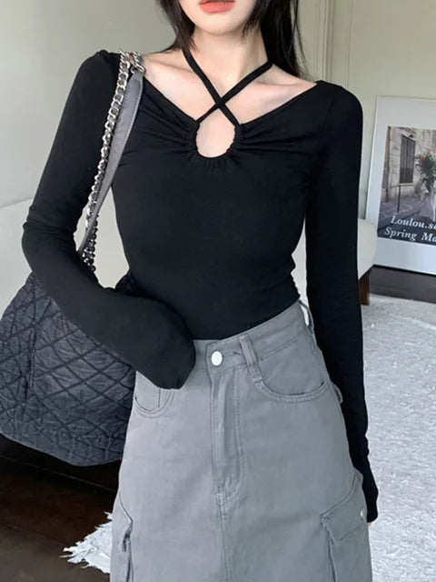 Autumn Korean Y2k T-shirt Woman Japanese�halter Bandage V-neck Skinny Long Sleeve Autum Tee Shirt Tshirt Tops