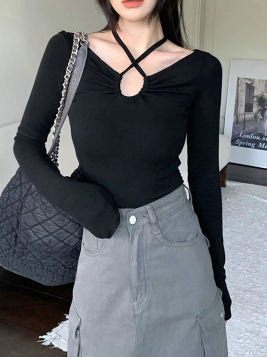 Autumn Korean Y2k T-shirt Woman Japanese�halter Bandage V-neck Skinny Long Sleeve Autum Tee Shirt Tshirt Tops