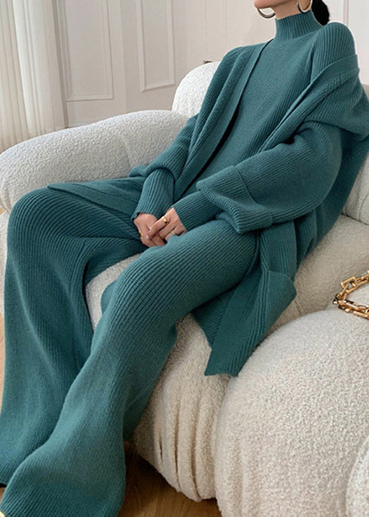 Autumn New Peacock Blue Knitted Wide Leg Pants Sweater and Cardigan 3 Piece Set Wo036