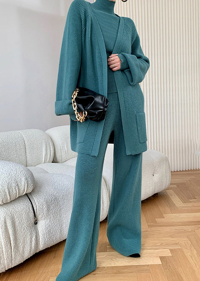 Autumn New Peacock Blue Knitted Wide Leg Pants Sweater and Cardigan 3 Piece Set Wo036