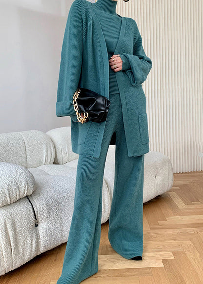 Autumn New Peacock Blue Knitted Wide Leg Pants Sweater and Cardigan 3 Piece Set Wo036