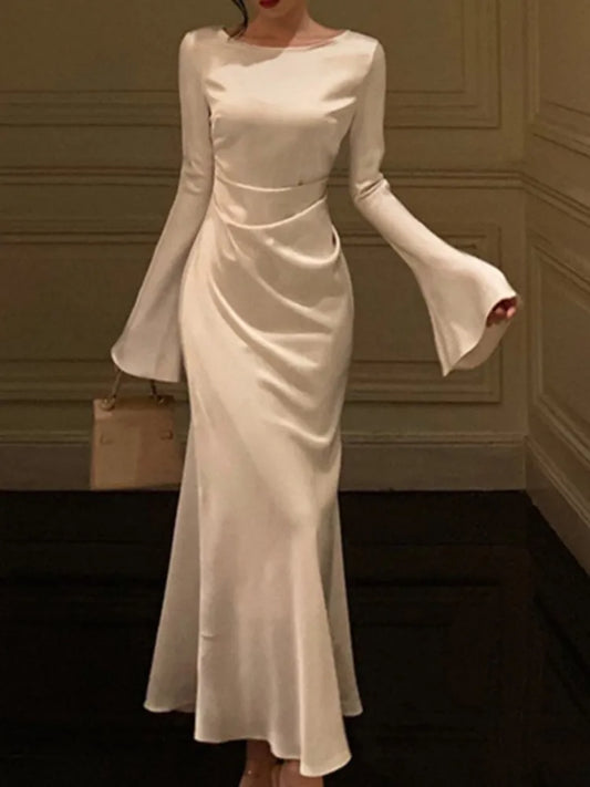 Autumn Satin Long Dresses for Flare Sleeve Slim Mermaid Spring French Wedding Party Prom Robe Vestidos Para Mujer