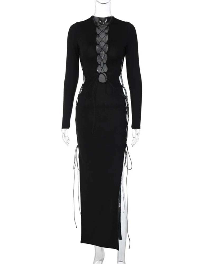 Autumn Y2k Hollow Out O-neck Side Slit Club Midi Dresses