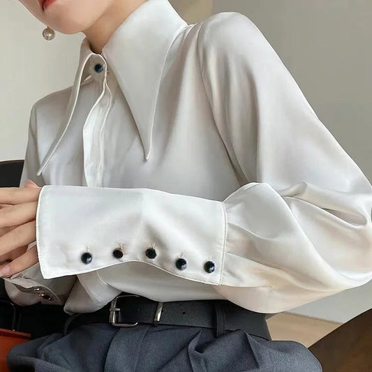 Satin Silk Turn Down Collar Blouse