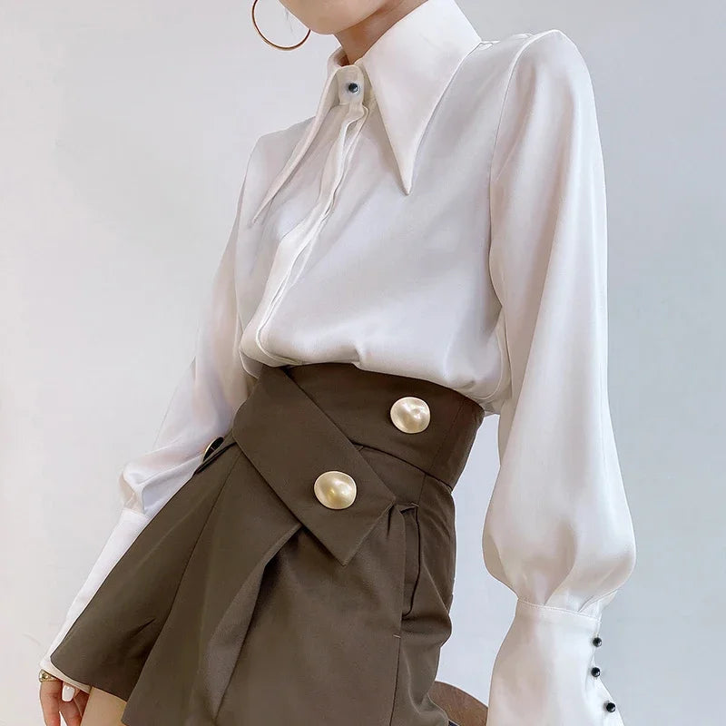 Satin Silk Turn Down Collar Blouse