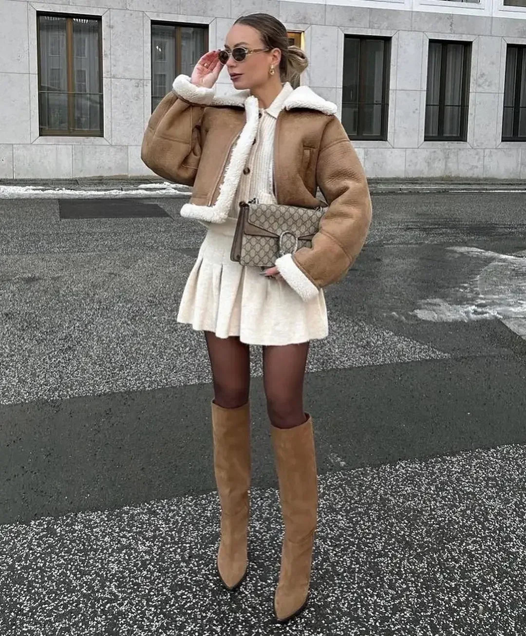 Autumn Winter Faux Cropped Thick Warm Lapel Fleece Long Coat