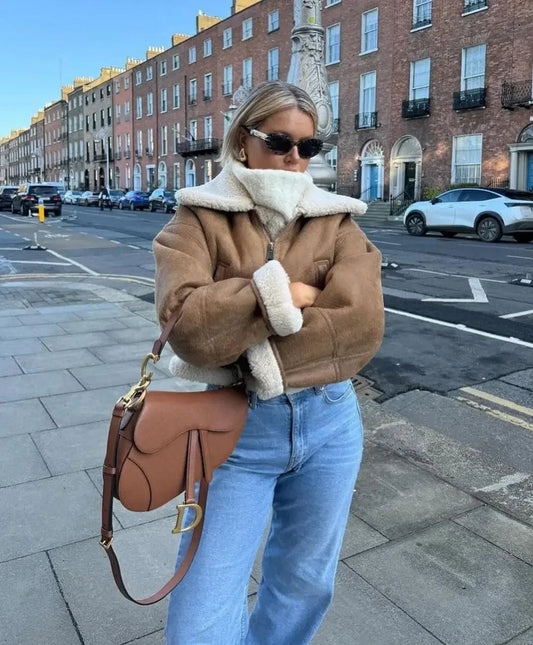 Autumn Winter Faux Cropped Thick Warm Lapel Fleece Long Coat