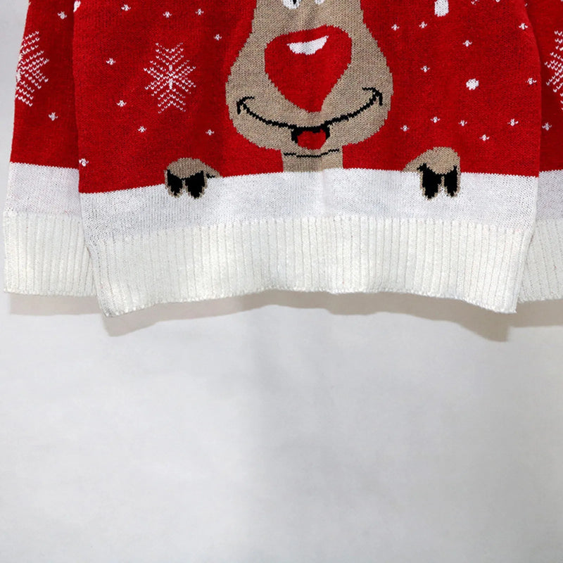 Christmas Sweater With Cartoon Reindeer Print and Fur Collar