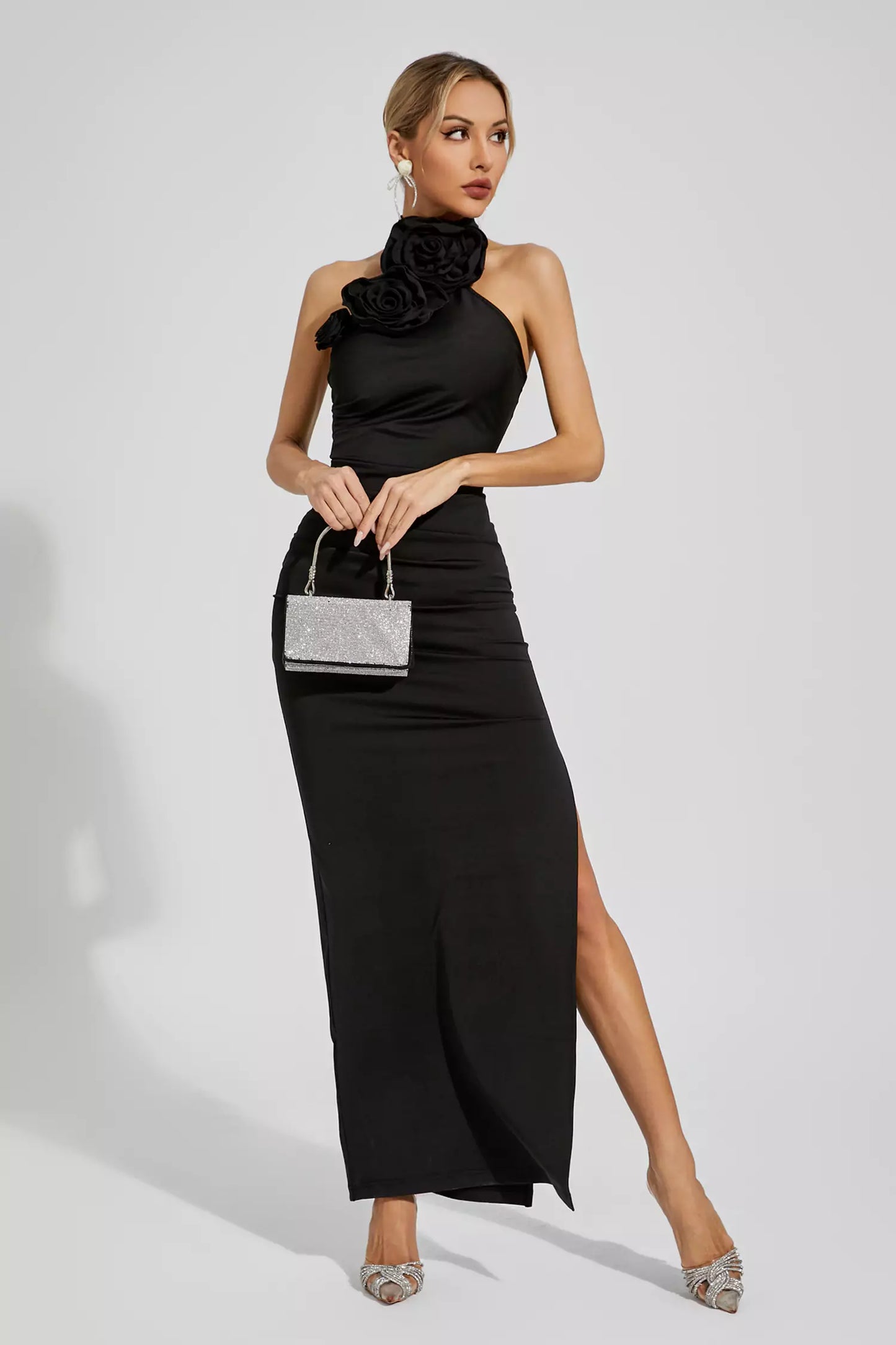 Aylin Black Ruched Halter Maxi Dress