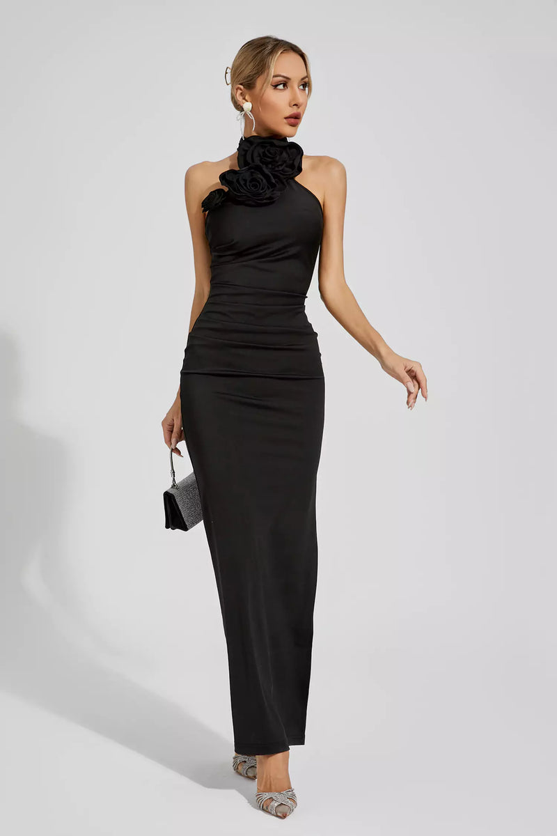 Aylin Black Ruched Halter Maxi Dress