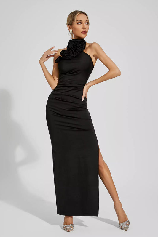 Aylin Black Ruched Halter Maxi Dress