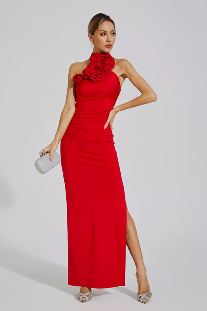 Aylin Red Ruched Halter Maxi Dress