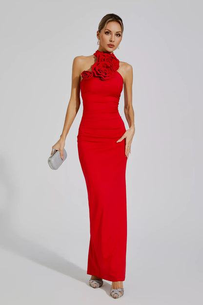 Aylin Red Ruched Halter Maxi Dress