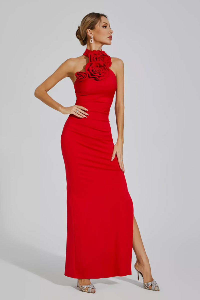 Aylin Red Ruched Halter Maxi Dress