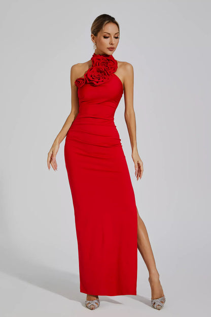Aylin Red Ruched Halter Maxi Dress