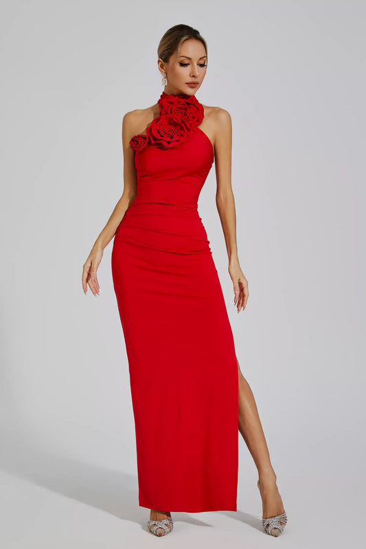 Aylin Red Ruched Halter Maxi Dress