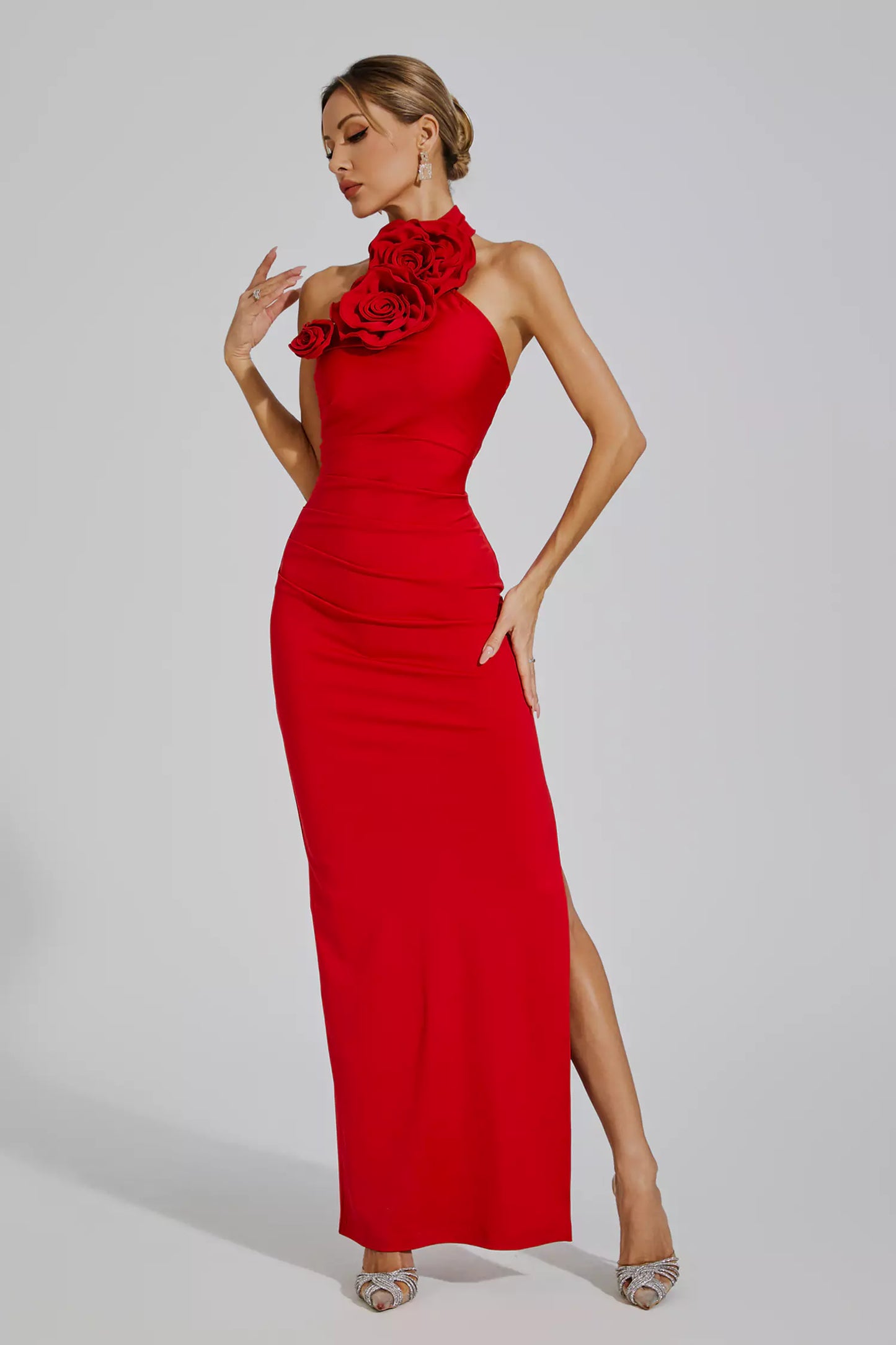 Aylin Red Ruched Halter Maxi Dress
