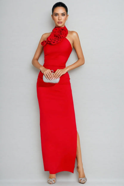 Emily Red Ruched Halter Maxi Dress