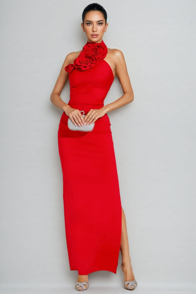 Emily Red Ruched Halter Maxi Dress