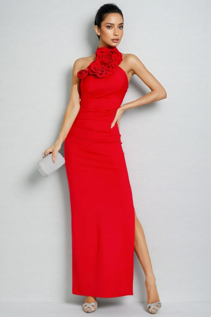 Emily Red Ruched Halter Maxi Dress